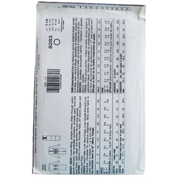 Vintage 90s Vogue Pattern 8283 Uncut Sheath Dress Front Back Tucks 6 8 10 - Picture 2 of 3